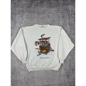 Vtg Hockey Sweater Mens Large White 90s Penalty Box Funny Gary Paterson Crewneck